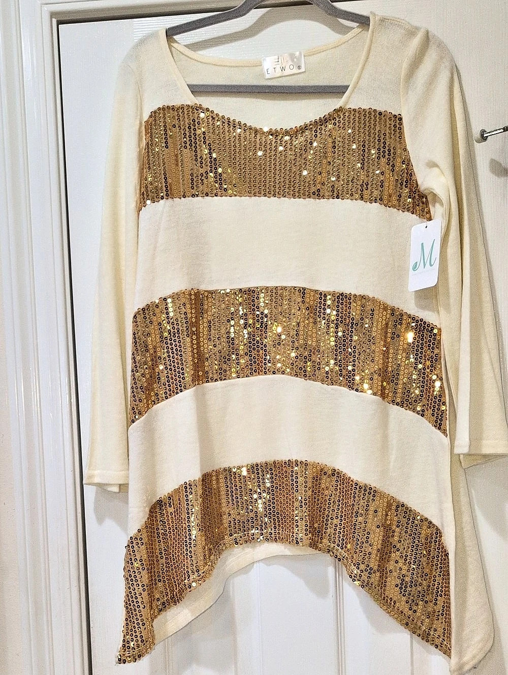 ETWO Sequin Color Block Tunic in Cream & Gold Size Small NWT